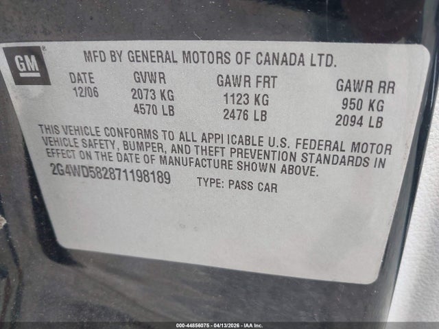 Aukcja sprzedaży 2007 Buick Lacrosse Cxl, vin: 2G4WD582871198189, numer aukcji: 44856075