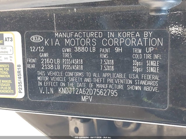 44856094 :رقم المزاد ، KNDJT2A62D7562795 vin ، 2013 Kia Soul ! مزاد بيع