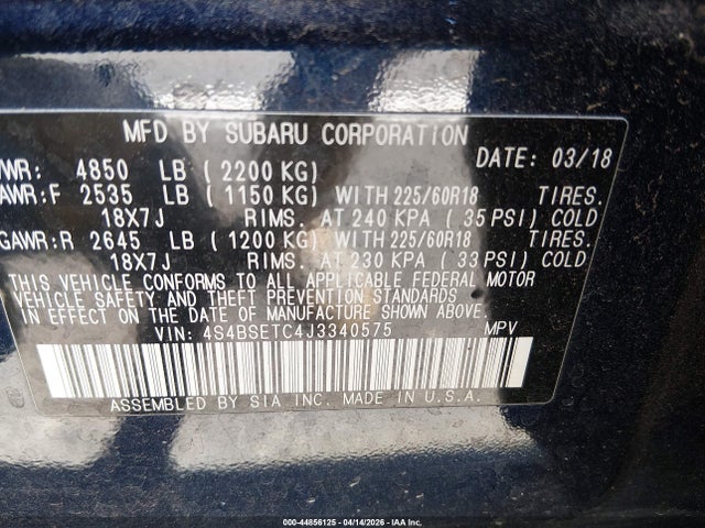 Auction sale of the 2018 Subaru Outback 3.6r Touring, vin: 4S4BSETC4J3340575, lot number: 44856125