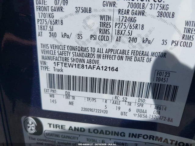 44856127 :رقم المزاد ، 1FTEW1E81AFA12164 vin ، 2010 Ford F-150 Xl/xlt مزاد بيع