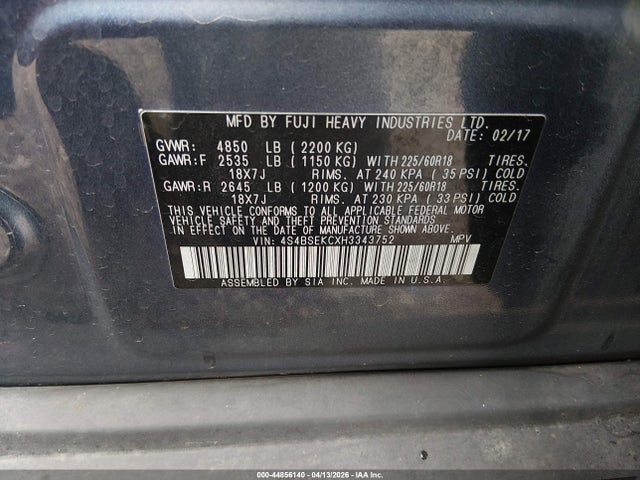 2017 Subaru Outback 3.6r Limited მანქანა იყიდება აუქციონზე, vin: 4S4BSEKCXH3343752, აუქციონის ნომერი: 44856140