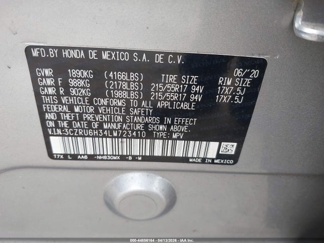Продаж на аукціоні авто 2020 Honda Hr-v Awd Lx, vin: 3CZRU6H34LM723410, номер лоту: 44856164