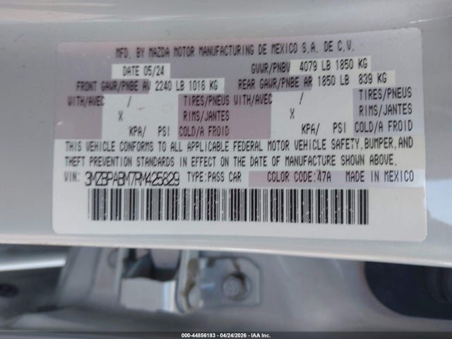 44856183 :رقم المزاد ، 3MZBPABM7RM425829 vin ، 2024 Mazda Mazda3 2.5 S Select Sport مزاد بيع