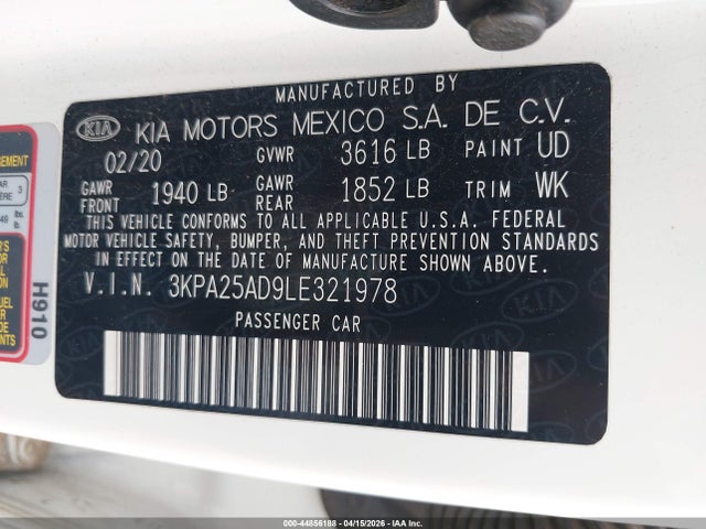 Aukcja sprzedaży 2020 Kia Rio 5-door S, vin: 3KPA25AD9LE321978, numer aukcji: 44856188