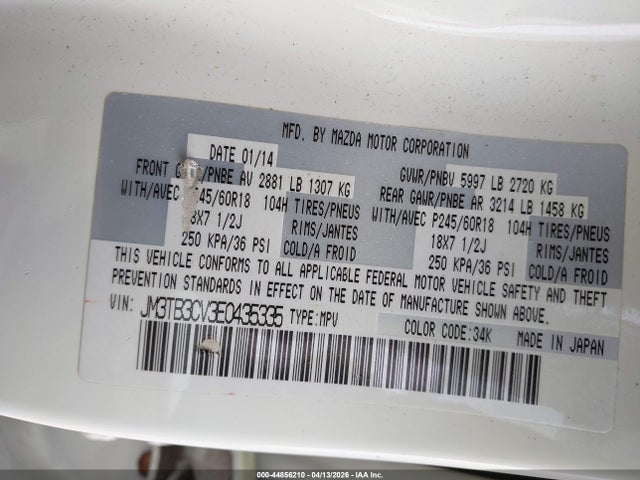 44856210 :رقم المزاد ، JM3TB3CV3E0435335 vin ، 2014 Mazda Cx-9 Touring مزاد بيع