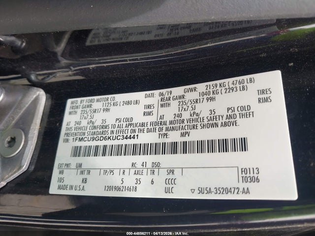 Продаж на аукціоні авто 2019 Ford Escape Se, vin: 1FMCU9GD6KUC34441, номер лоту: 44856211