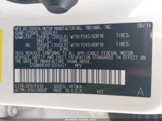 2015 TOYOTA HIGHLANDER 5TDBKRFH4FS074421 Photo 8