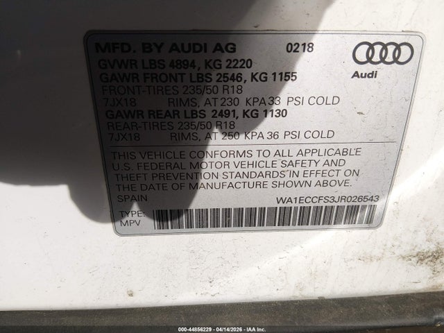 2018 Audi Q3 2.0t Premium/2.0t Sport Premium მანქანა იყიდება აუქციონზე, vin: WA1ECCFS3JR026543, აუქციონის ნომერი: 44856229