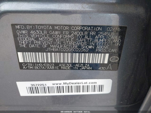 2016 Lexus Is 200t მანქანა იყიდება აუქციონზე, vin: JTHBA1D22G5022262, აუქციონის ნომერი: 44856256