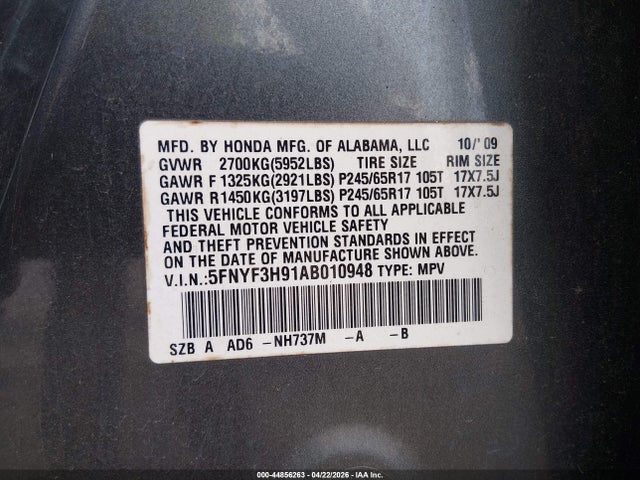 Продаж на аукціоні авто 2010 Honda Pilot Touring, vin: 5FNYF3H91AB010948, номер лоту: 44856263