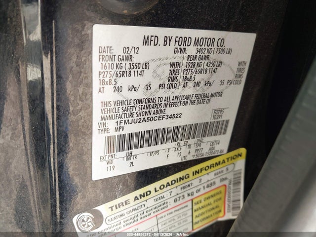 44856272 :رقم المزاد ، 1FMJU2A50CEF34522 vin ، 2012 Ford Expedition Limited مزاد بيع