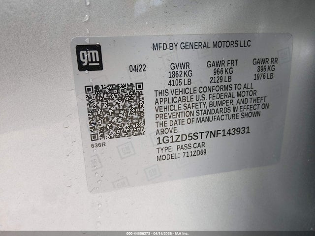 1G1ZD5ST7NF143931 Chevrolet Malibu Fwd Lt