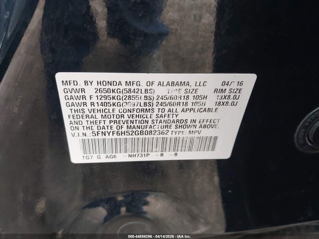 5FNYF6H52GB082362 Honda Pilot Ex-l