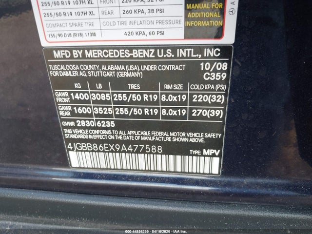 Продаж на аукціоні авто 2009 Mercedes-benz Ml 350 4matic, vin: 4JGBB86EX9A477588, номер лоту: 44856299