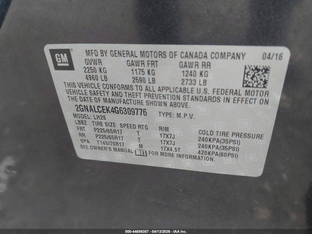 44856307 :رقم المزاد ، 2GNALCEK4G6309776 vin ، 2016 Chevrolet Equinox Lt مزاد بيع