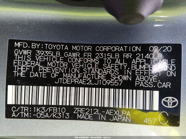 Auction sale of the 2020 Toyota Corolla Le, vin: JTDEPRAE2LJ109557, lot number: 44856309