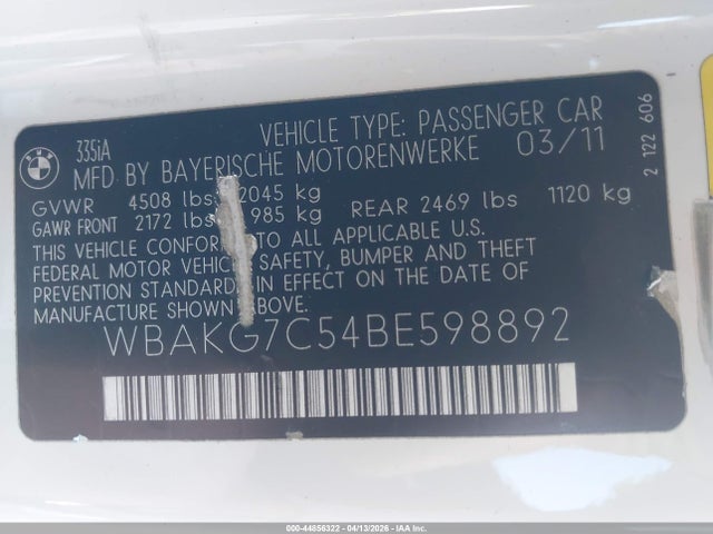 Продажа на аукционе авто 2011 Bmw 335i, vin: WBAKG7C54BE598892, номер лота: 44856322