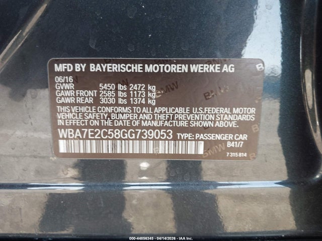 Aukcja sprzedaży 2016 Bmw 740i, vin: WBA7E2C58GG739053, numer aukcji: 44856345