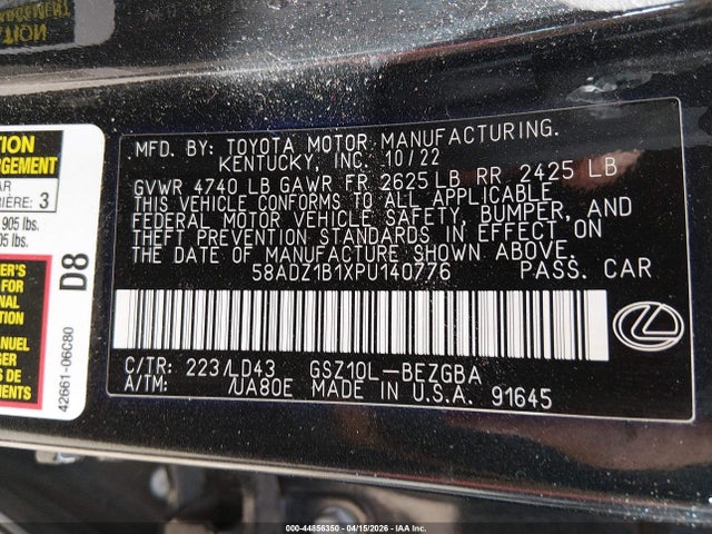 2023 Lexus Es 350 მანქანა იყიდება აუქციონზე, vin: 58ADZ1B1XPU140776, აუქციონის ნომერი: 44856350