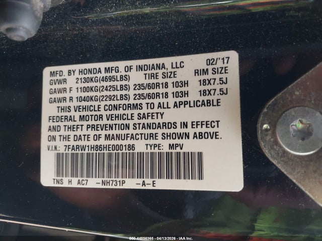 Продажа на аукционе авто 2017 Honda Cr-v Ex-l/ex-l Navi, vin: 7FARW1H86HE000186, номер лота: 44856365
