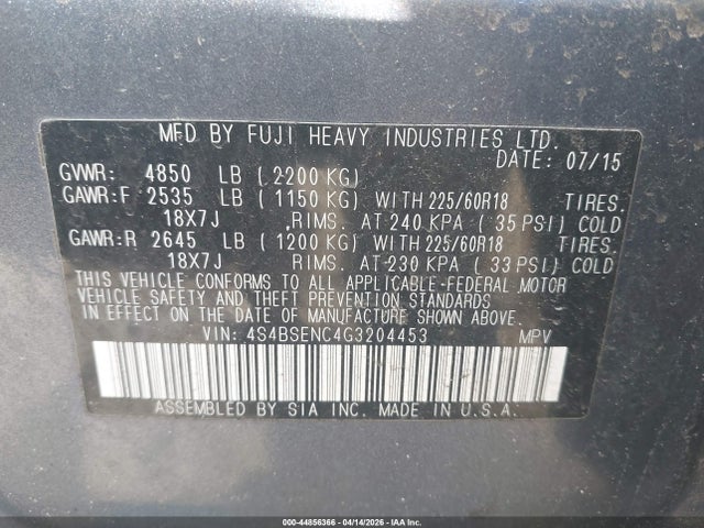 4S4BSENC4G3204453 Subaru Outback 3.6r Limited