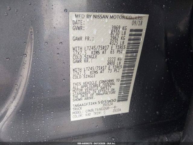 44856370 :رقم المزاد ، 1N6AA1F31KN505900 vin ، 2019 Nissan Titan Xd Sv Gas مزاد بيع