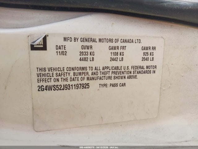 44856378 :رقم المزاد ، 2G4WS52J931197925 vin ، 2003 Buick Century Custom مزاد بيع