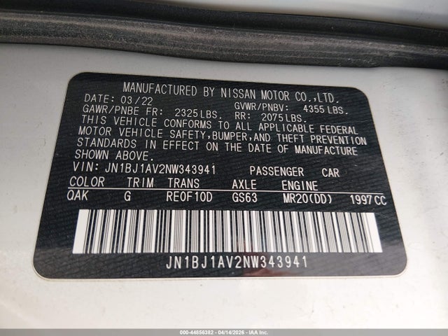 Продажа на аукционе авто 2022 Nissan Rogue Sport S Fwd Xtronic Cvt, vin: JN1BJ1AV2NW343941, номер лота: 44856382