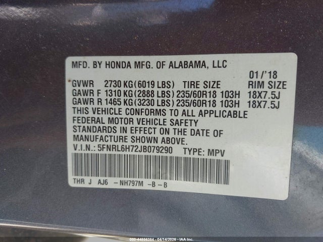 44856384 :رقم المزاد ، 5FNRL6H72JB079290 vin ، 2018 Honda Odyssey Ex-l مزاد بيع