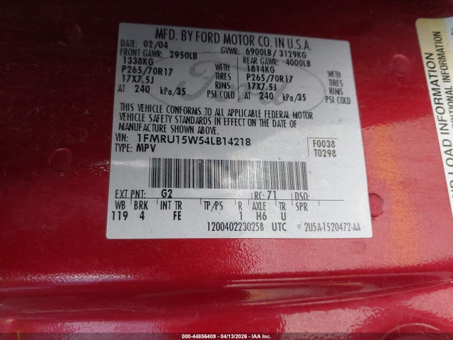 44856409 :رقم المزاد ، 1FMRU15W54LB14218 vin ، 2004 Ford Expedition Xlt مزاد بيع