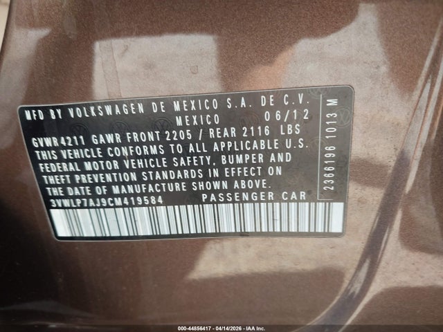 Aukcja sprzedaży 2012 Volkswagen Jetta 2.5l Sel, vin: 3VWLP7AJ9CM419584, numer aukcji: 44856417