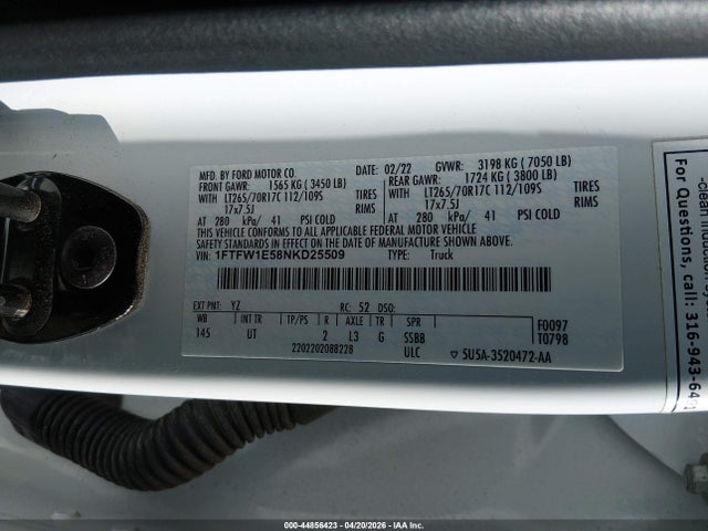2022 Ford F-150 Xlt მანქანა იყიდება აუქციონზე, vin: 1FTFW1E58NKD25509, აუქციონის ნომერი: 44856423