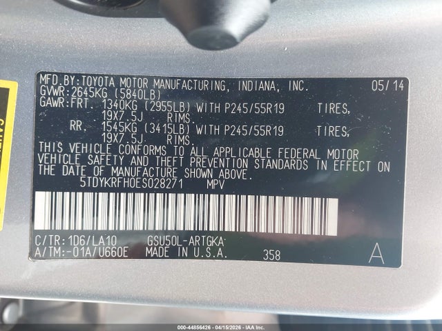 Toyota Highlander Limited V6 2014 5TDYKRFH0ES028271 Image 9
