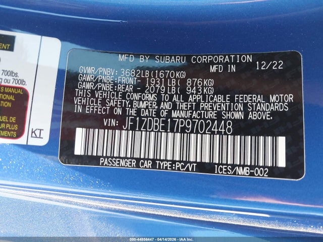 Продаж на аукціоні авто 2023 Subaru Brz Limited, vin: JF1ZDBE17P9702448, номер лоту: 44856447