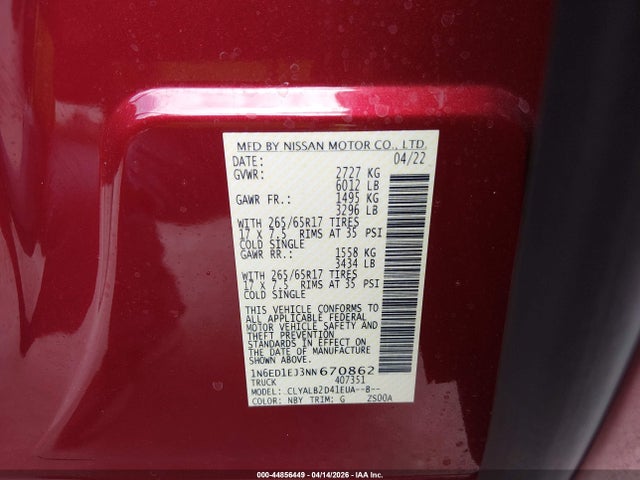 Aukcja sprzedaży 2022 Nissan Frontier Sv 4x2, vin: 1N6ED1EJ3NN670862, numer aukcji: 44856449