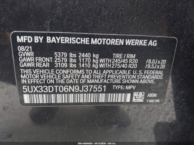 2022 Bmw X4 Xdrive30i მანქანა იყიდება აუქციონზე, vin: 5UX33DT06N9J37551, აუქციონის ნომერი: 44856450