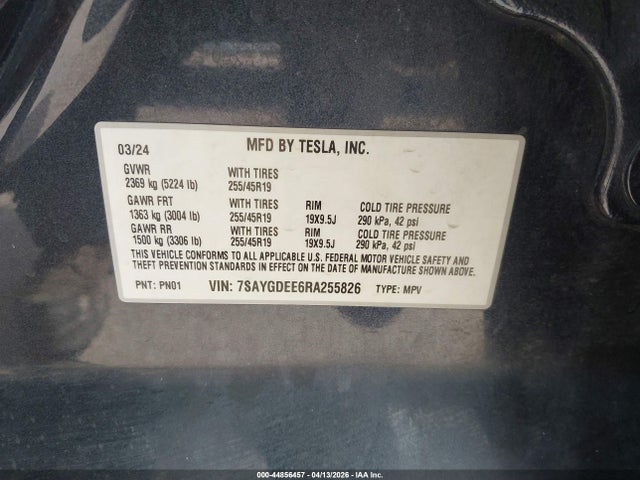 44856457 :رقم المزاد ، 7SAYGDEE6RA255826 vin ، 2024 Tesla Model Y Long Range Dual Motor All-wheel Drive مزاد بيع