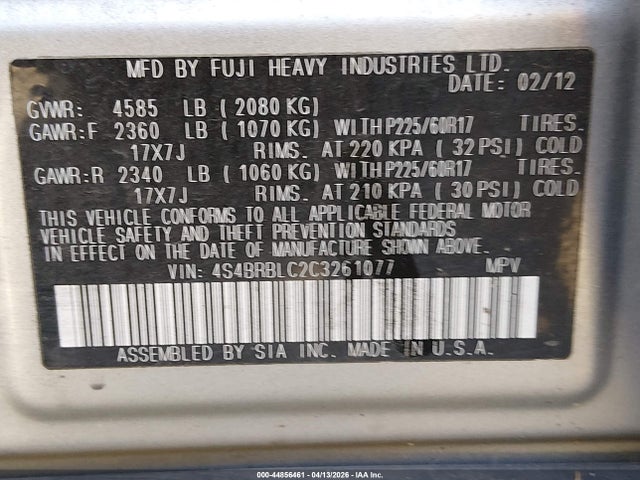 Продаж на аукціоні авто 2012 Subaru Outback 2.5i Limited, vin: 4S4BRBLC2C3261077, номер лоту: 44856461