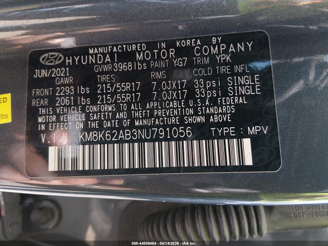44856464 :رقم المزاد ، KM8K62AB3NU791056 vin ، 2022 Hyundai Kona Sel مزاد بيع