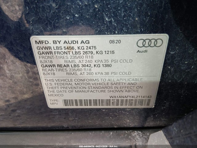44856479 :رقم المزاد ، WA1ANAFY4L2114143 vin ، 2020 Audi Q5 Premium 45 Tfsi Quattro S Tronic مزاد بيع