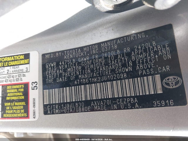 44856489 :رقم المزاد ، 4T1B61HK2JU102098 vin ، 2018 Toyota Camry Xse مزاد بيع