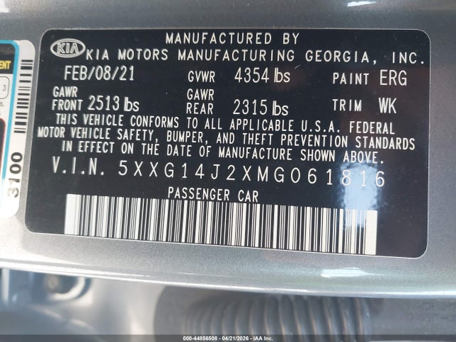 44856508 :رقم المزاد ، 5XXG14J2XMG061816 vin ، 2021 Kia K5 Lxs مزاد بيع