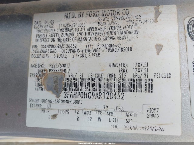 44856536 :رقم المزاد ، 3FAHP0HG9AR120452 vin ، 2010 Ford Fusion Se مزاد بيع