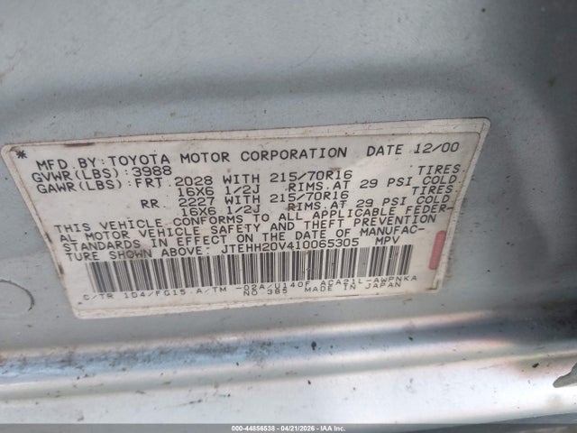 2001 Toyota Rav4 მანქანა იყიდება აუქციონზე, vin: JTEHH20V410065305, აუქციონის ნომერი: 44856538