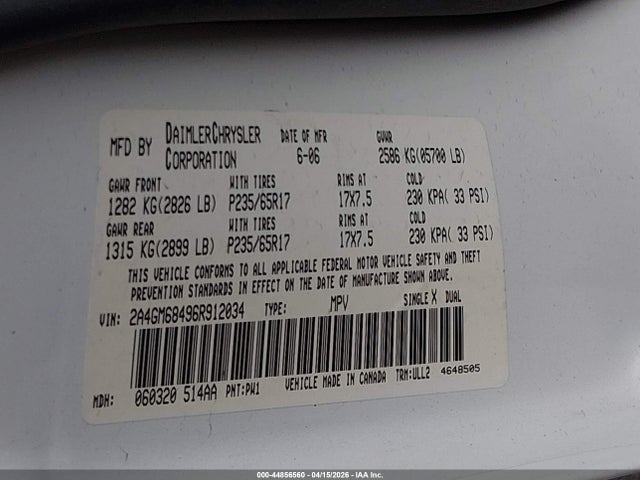 Продажа на аукционе авто 2006 Chrysler Pacifica Touring, vin: 2A4GM68496R912034, номер лота: 44856560