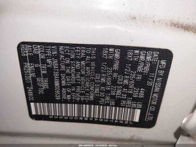 44856570 :رقم المزاد ، JN8AT3BAXMW009539 vin ، 2021 Nissan Rogue Sv Fwd مزاد بيع