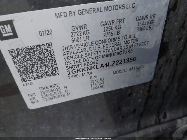 44856576 :رقم المزاد ، 1GKKNKLA4LZ221356 vin ، 2020 Gmc Acadia Fwd Sle مزاد بيع