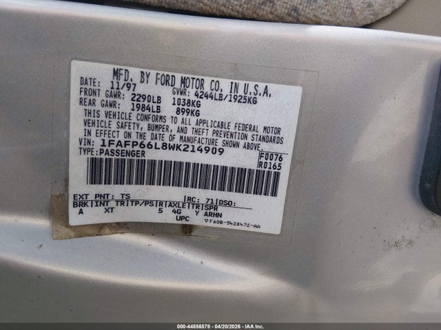 1998 Ford Contour მანქანა იყიდება აუქციონზე, vin: 1FAFP66L8WK214909, აუქციონის ნომერი: 44856578