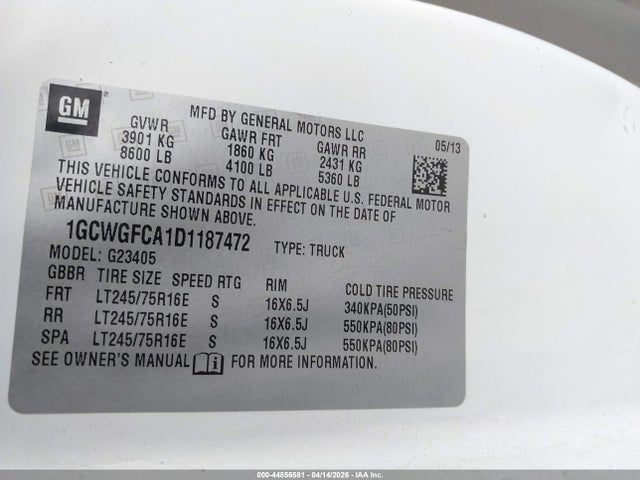 Auction sale of the 2013 Chevrolet Express 2500 Work Van, vin: 1GCWGFCA1D1187472, lot number: 44856581