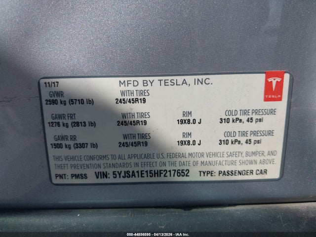 Aukcja sprzedaży 2017 Tesla Model S 60/75, vin: 5YJSA1E15HF217652, numer aukcji: 44856595